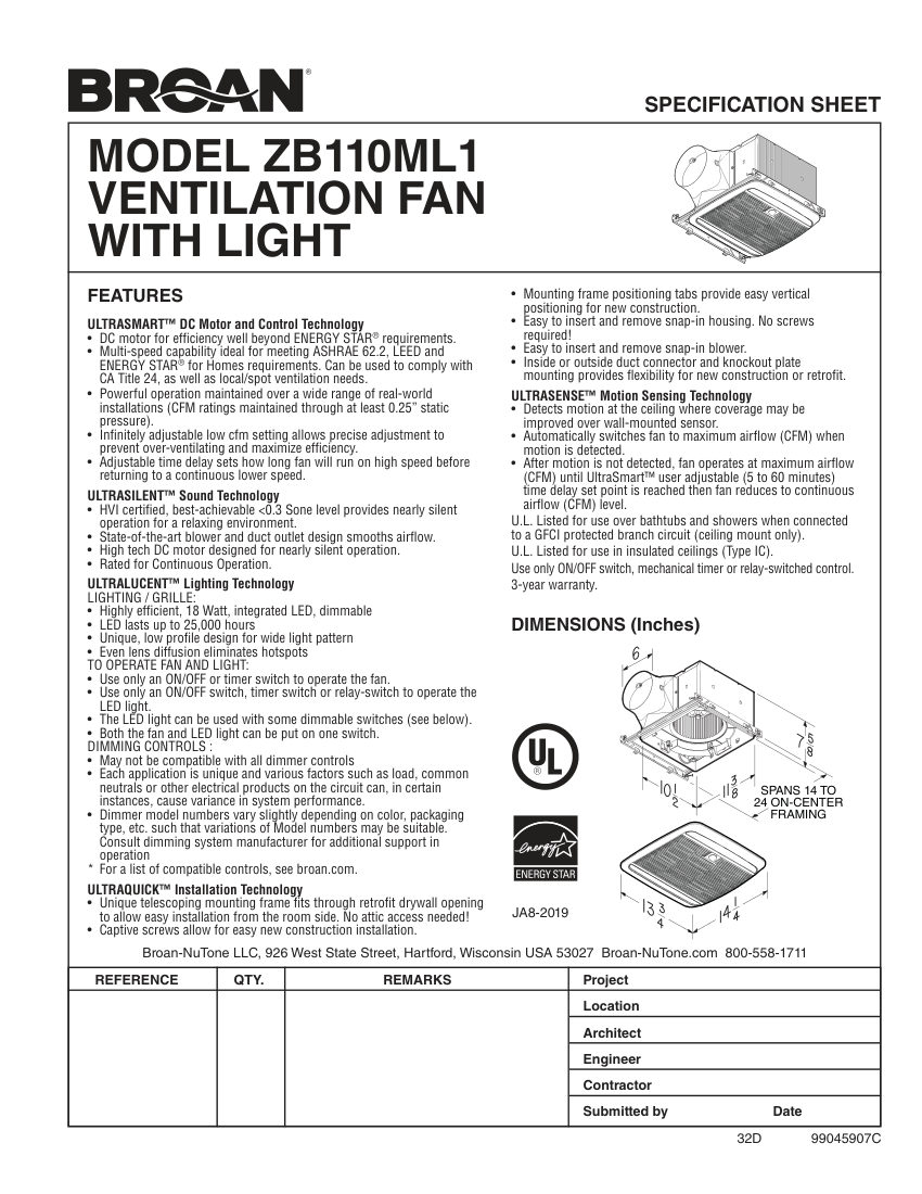 Broan ZB110ML1 cut sheet — first page