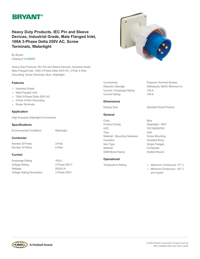 Bryant BRY-4100B9W cut sheet — first page