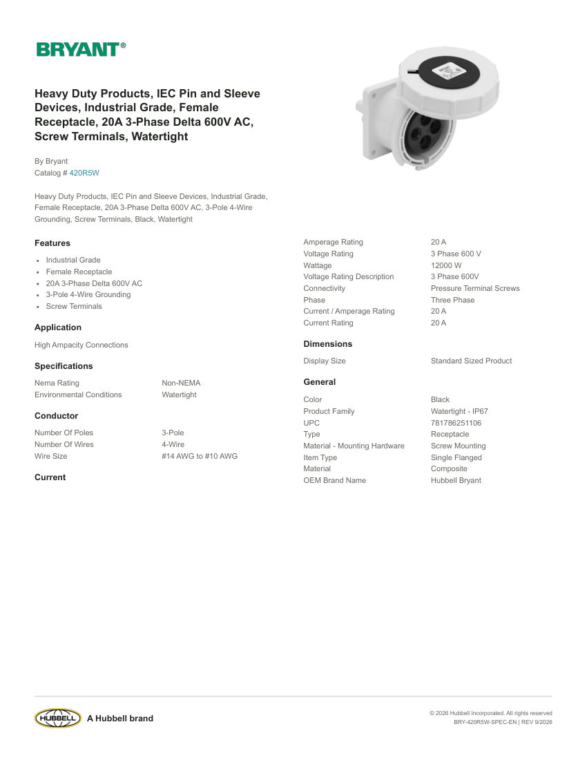 Bryant BRY-420R5W cut sheet — first page
