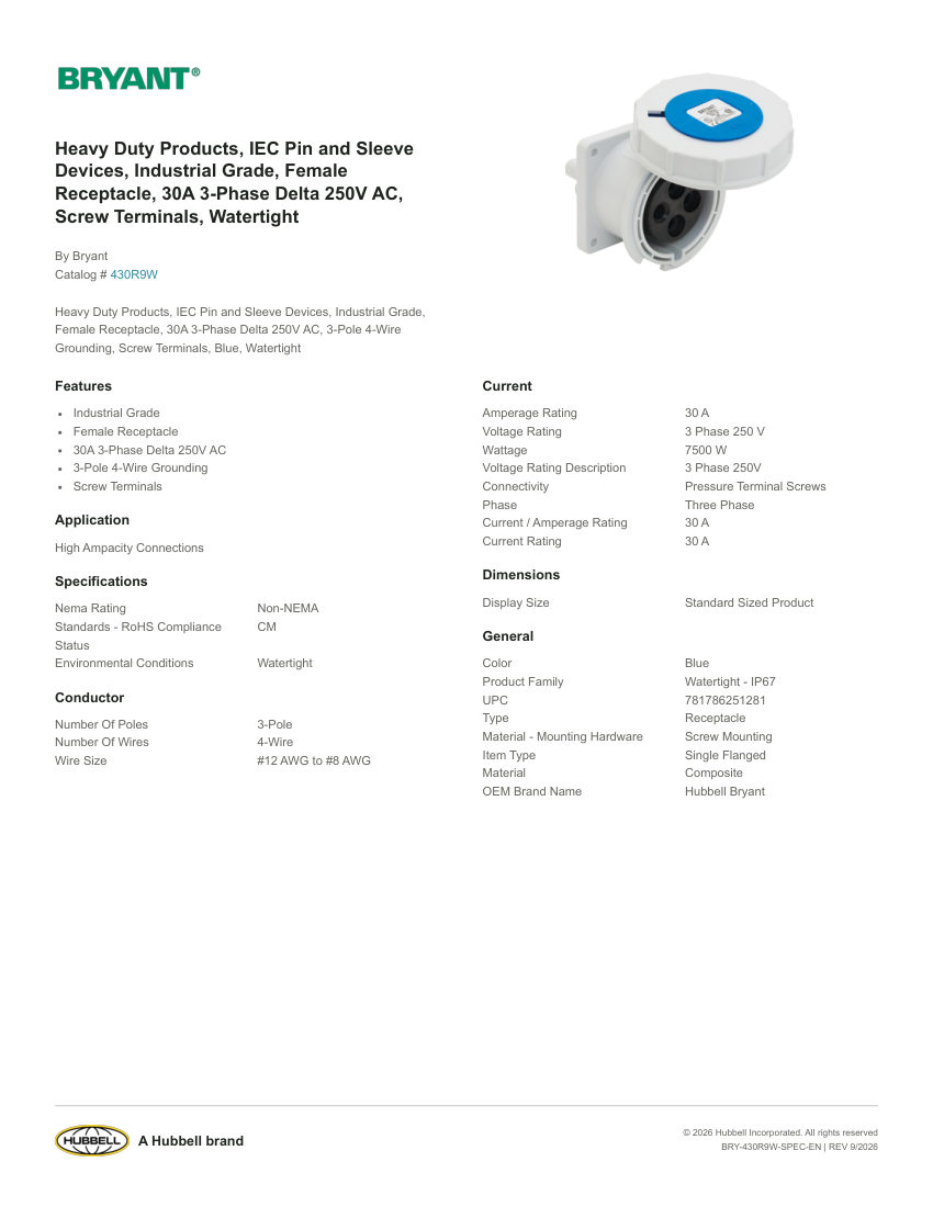 Bryant BRY-430R9W cut sheet — first page