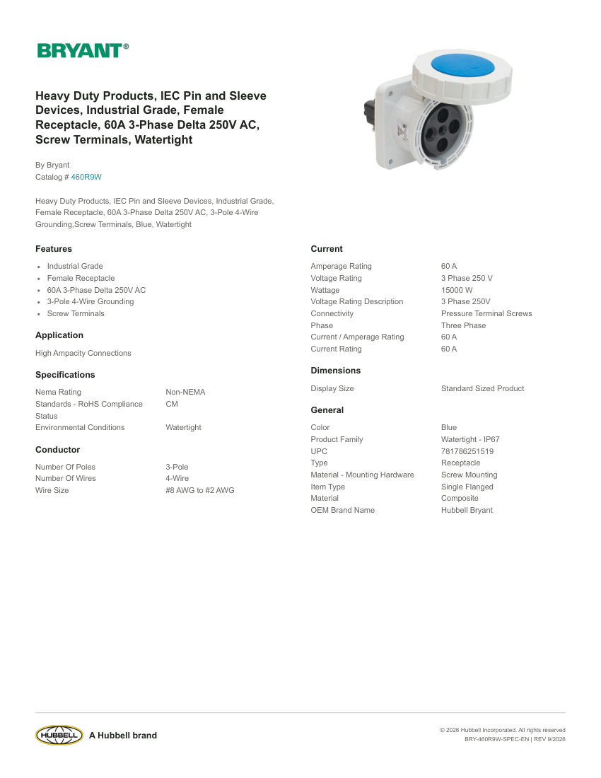 Bryant BRY-460R9W cut sheet — first page