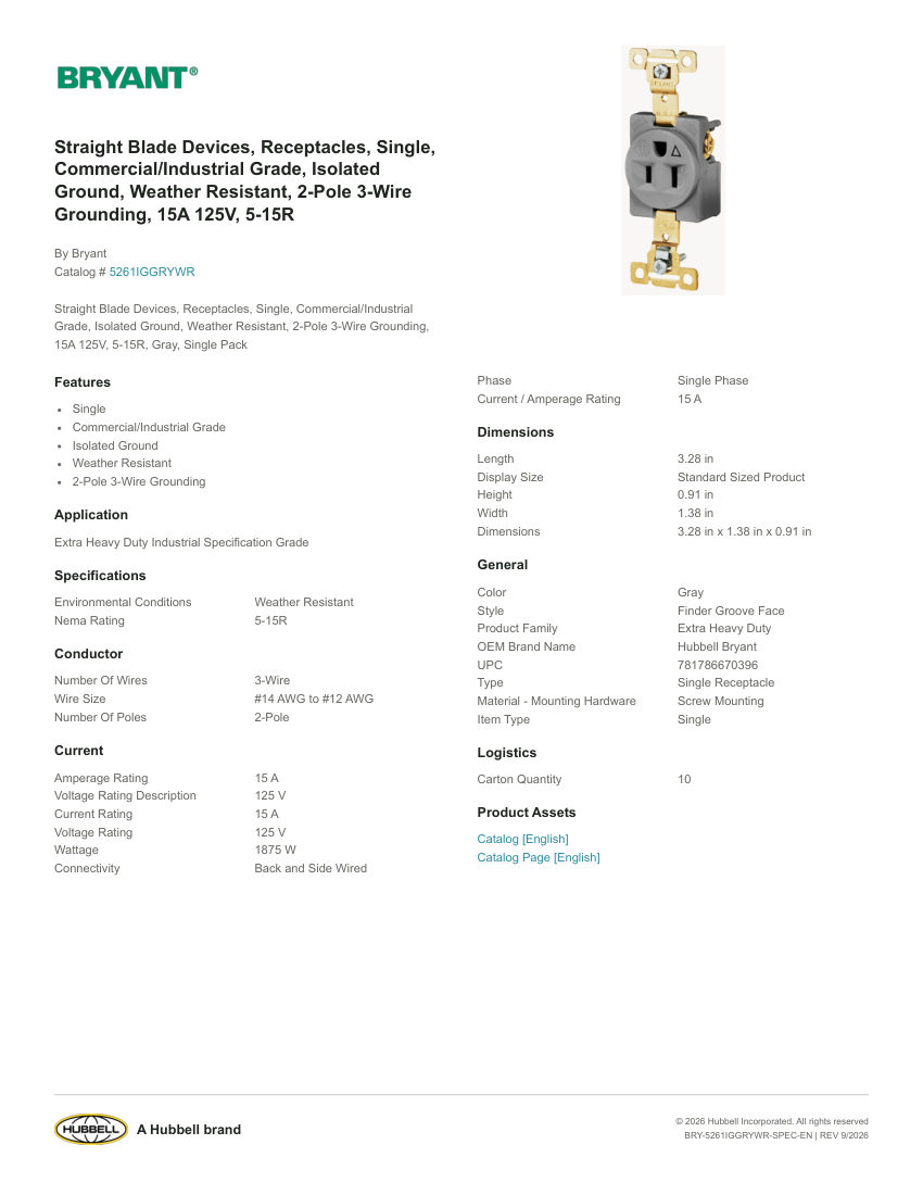 Bryant BRY-5261IGGRYWR cut sheet — first page