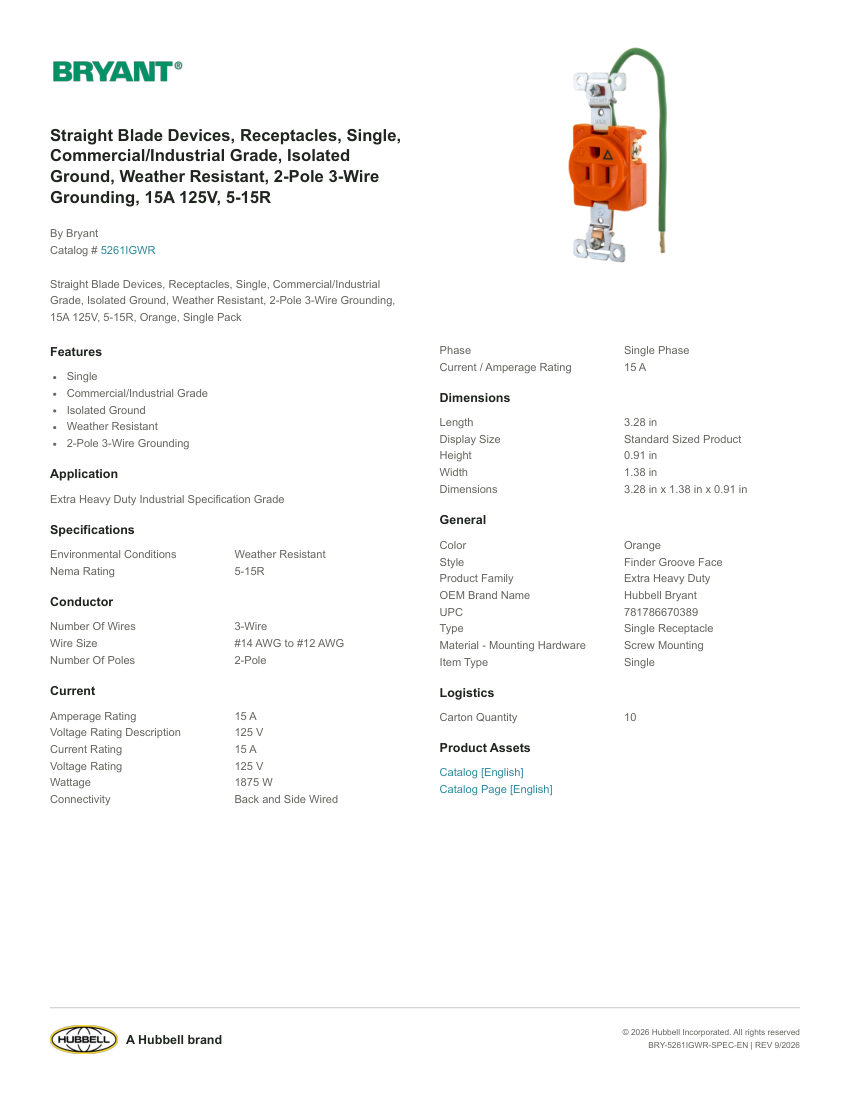 Bryant BRY-5261IGWR cut sheet — first page