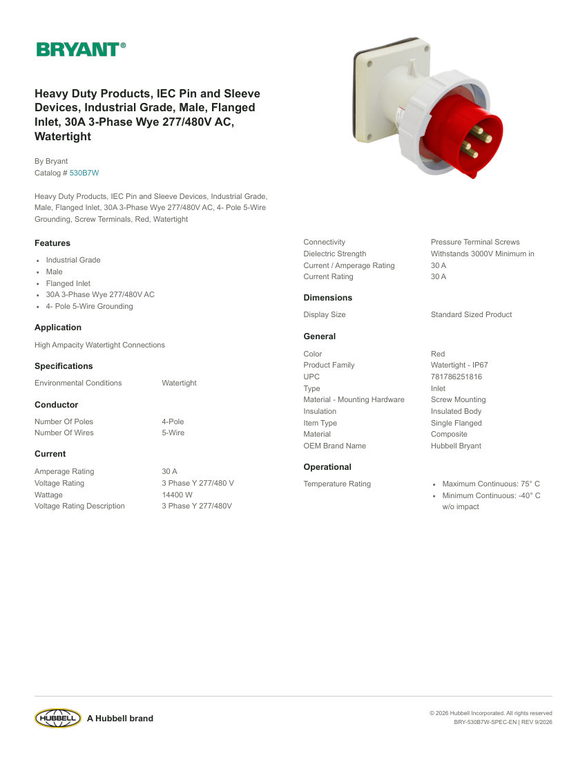 Bryant BRY-530B7W cut sheet — first page