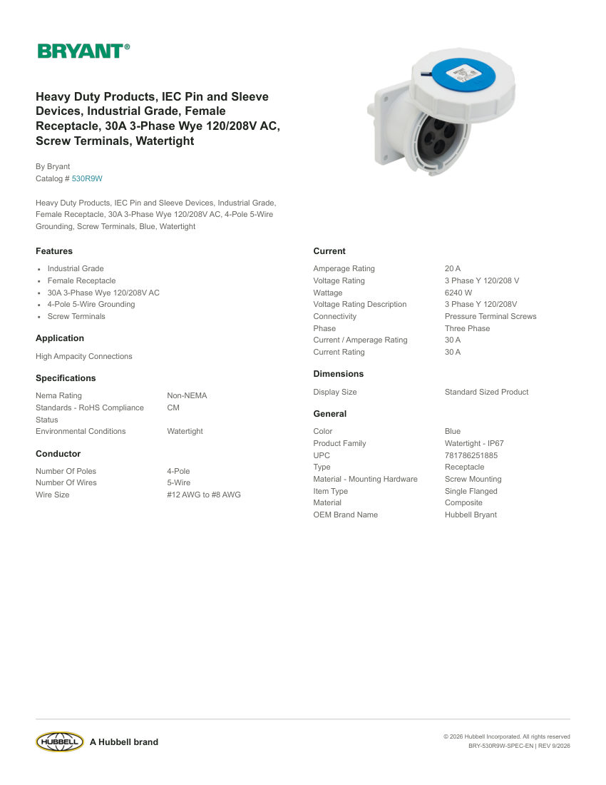 Bryant BRY-530R9W cut sheet — first page