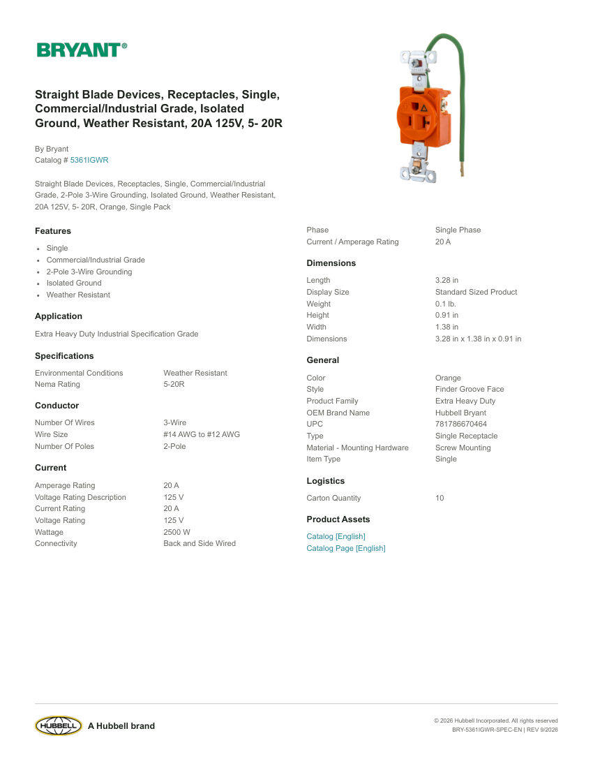 Bryant BRY-5361IGWR cut sheet — first page