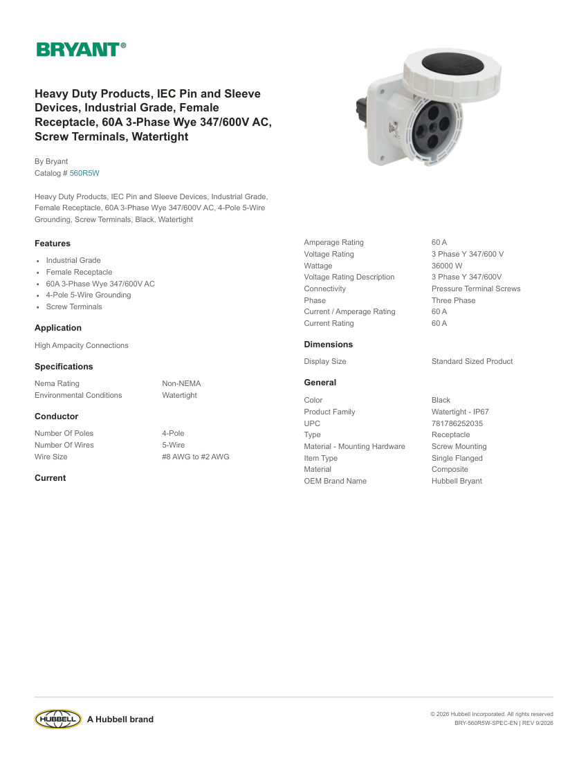 Bryant BRY-560R5W cut sheet — first page