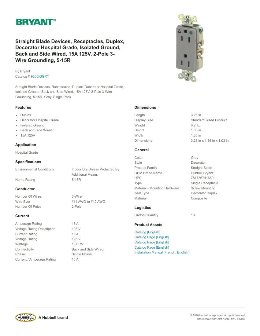 Bryant BRY-9200IGGRY cut sheet — first page