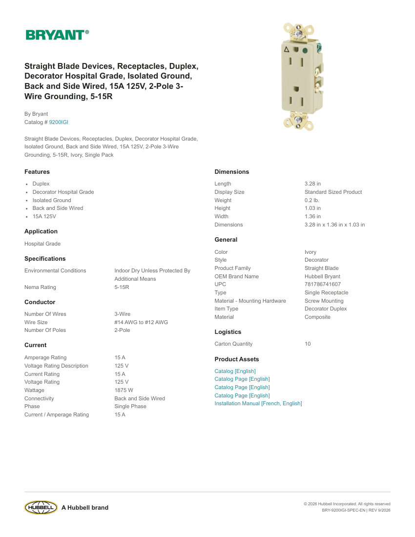 Bryant BRY-9200IGI cut sheet — first page