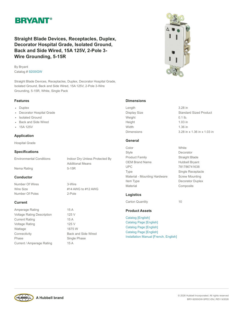 Bryant BRY-9200IGW cut sheet — first page