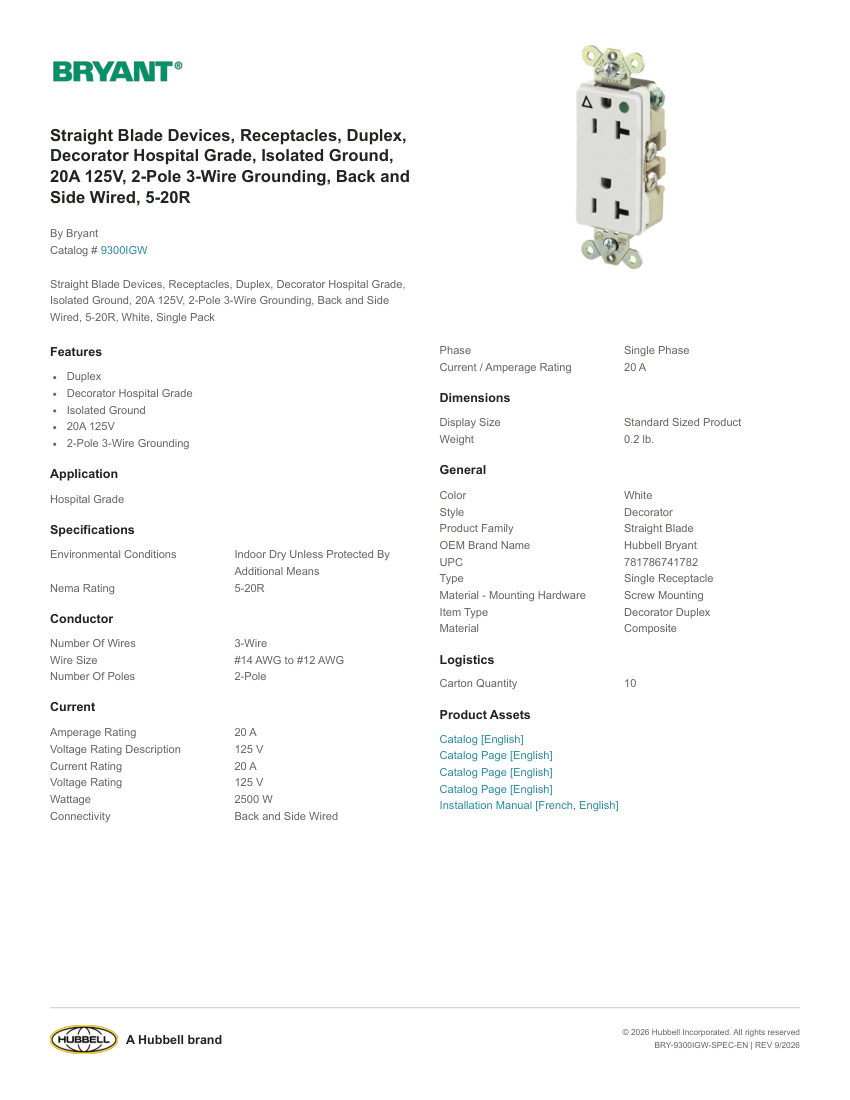 Bryant BRY-9300IGW cut sheet — first page