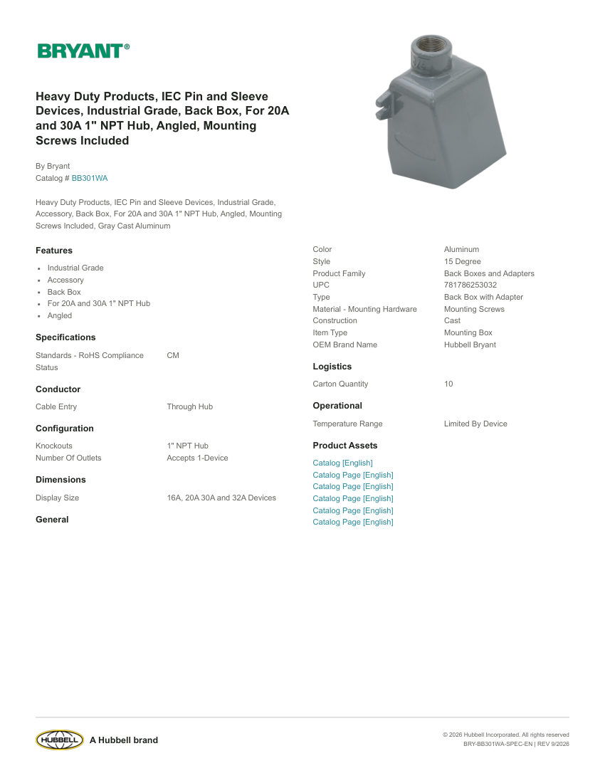 Bryant BRY-BB301WA cut sheet — first page