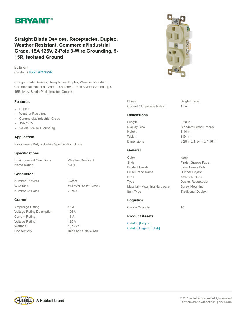 Bryant BRY-BRY5262IGIWR cut sheet — first page