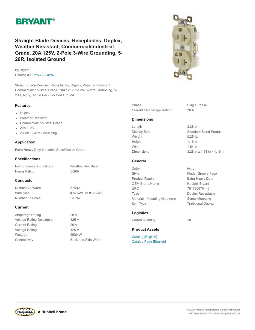Bryant BRY-BRY5362IGIWR cut sheet — first page