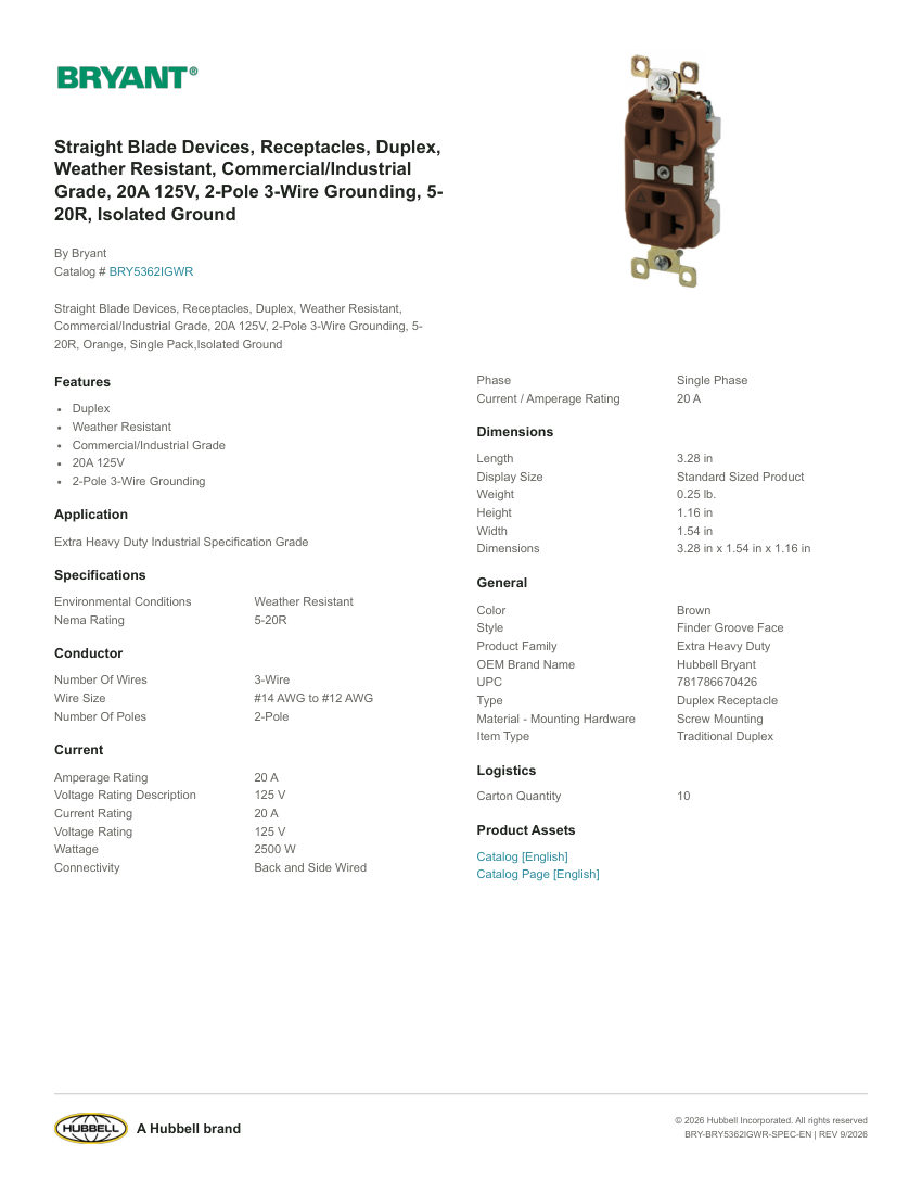 Bryant BRY-BRY5362IGWR cut sheet — first page