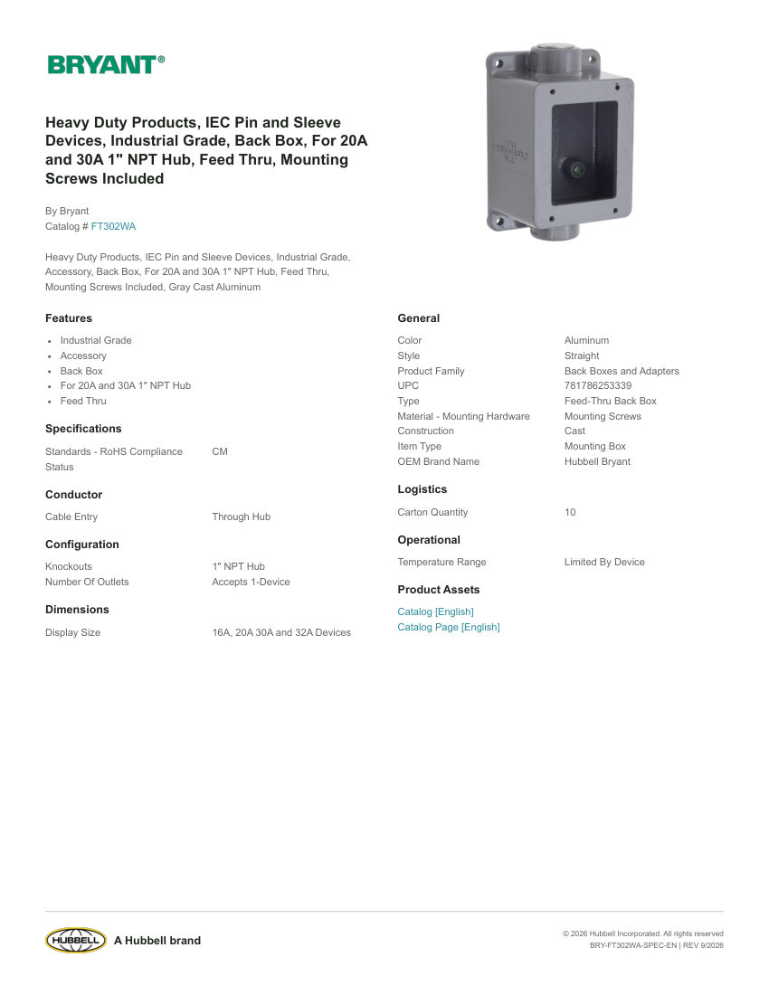 Bryant BRY-FT302WA cut sheet — first page
