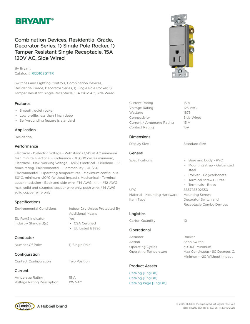 Bryant BRY-RCD108GYTR cut sheet — first page