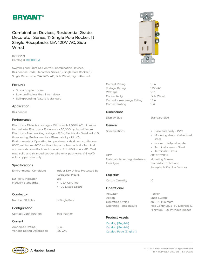 Bryant BRY-RCD108LA cut sheet — first page