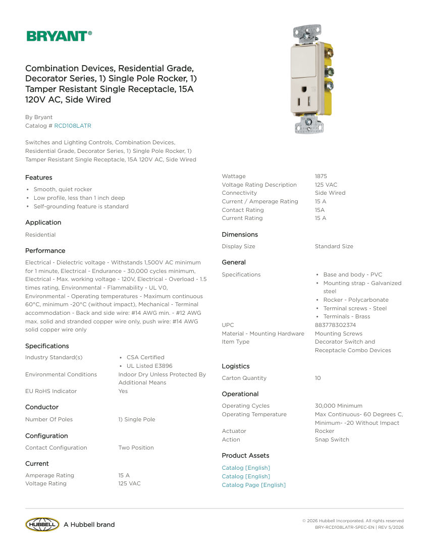 Bryant BRY-RCD108LATR cut sheet — first page