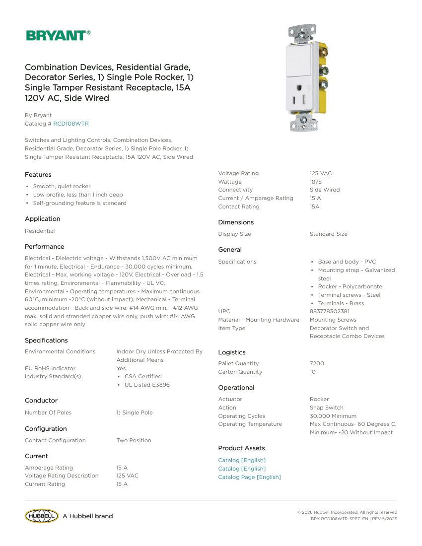 Bryant BRY-RCD108WTR cut sheet — first page