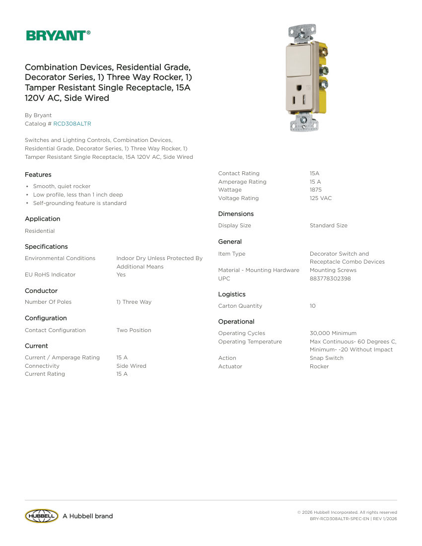 Bryant BRY-RCD308ALTR cut sheet — first page
