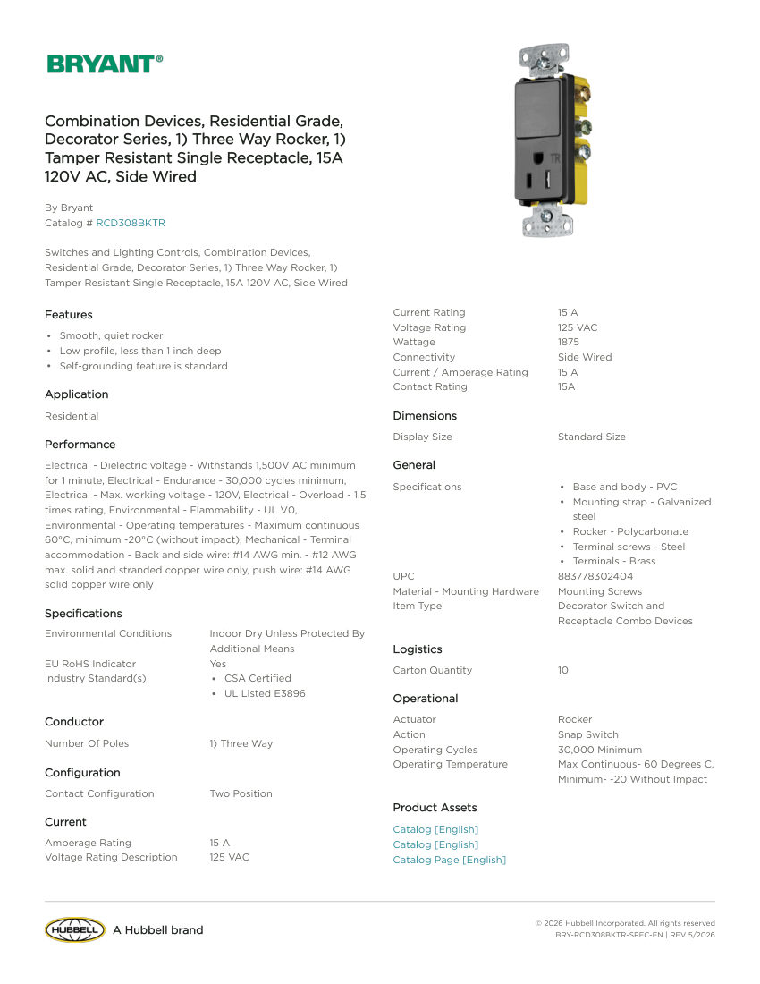 Bryant BRY-RCD308BKTR cut sheet — first page