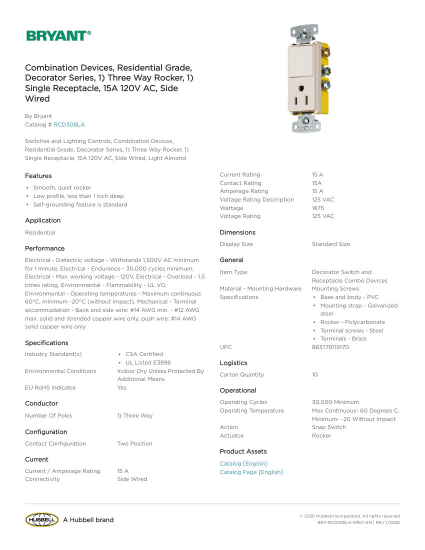 Bryant BRY-RCD308LA cut sheet — first page