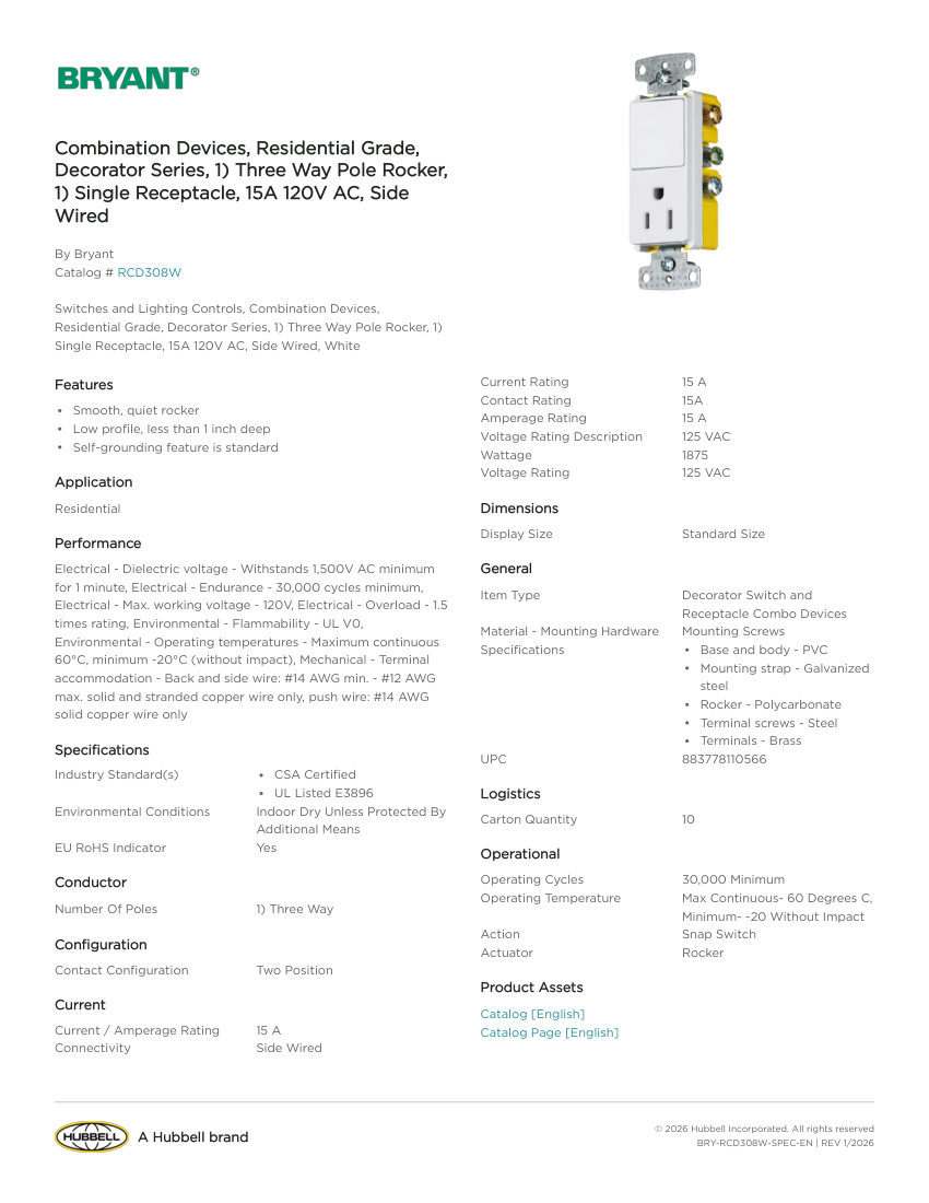 Bryant BRY-RCD308W cut sheet — first page
