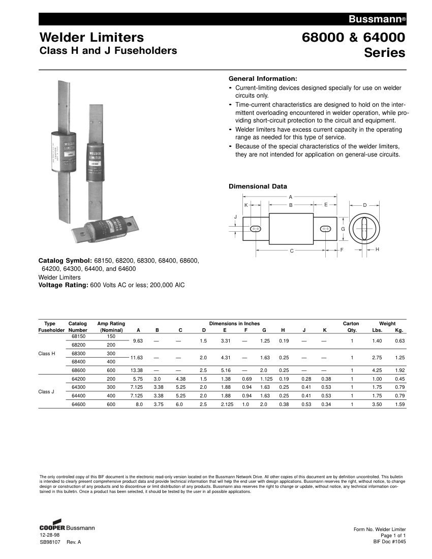 Bussmann 68000 & 64000 Series cut sheet — first page