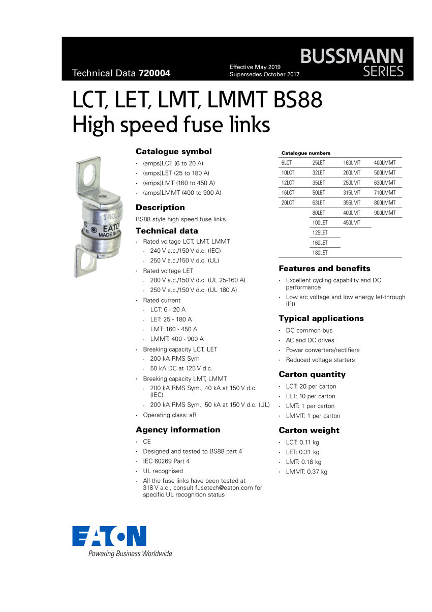 Bussmann 6LCT cut sheet — first page