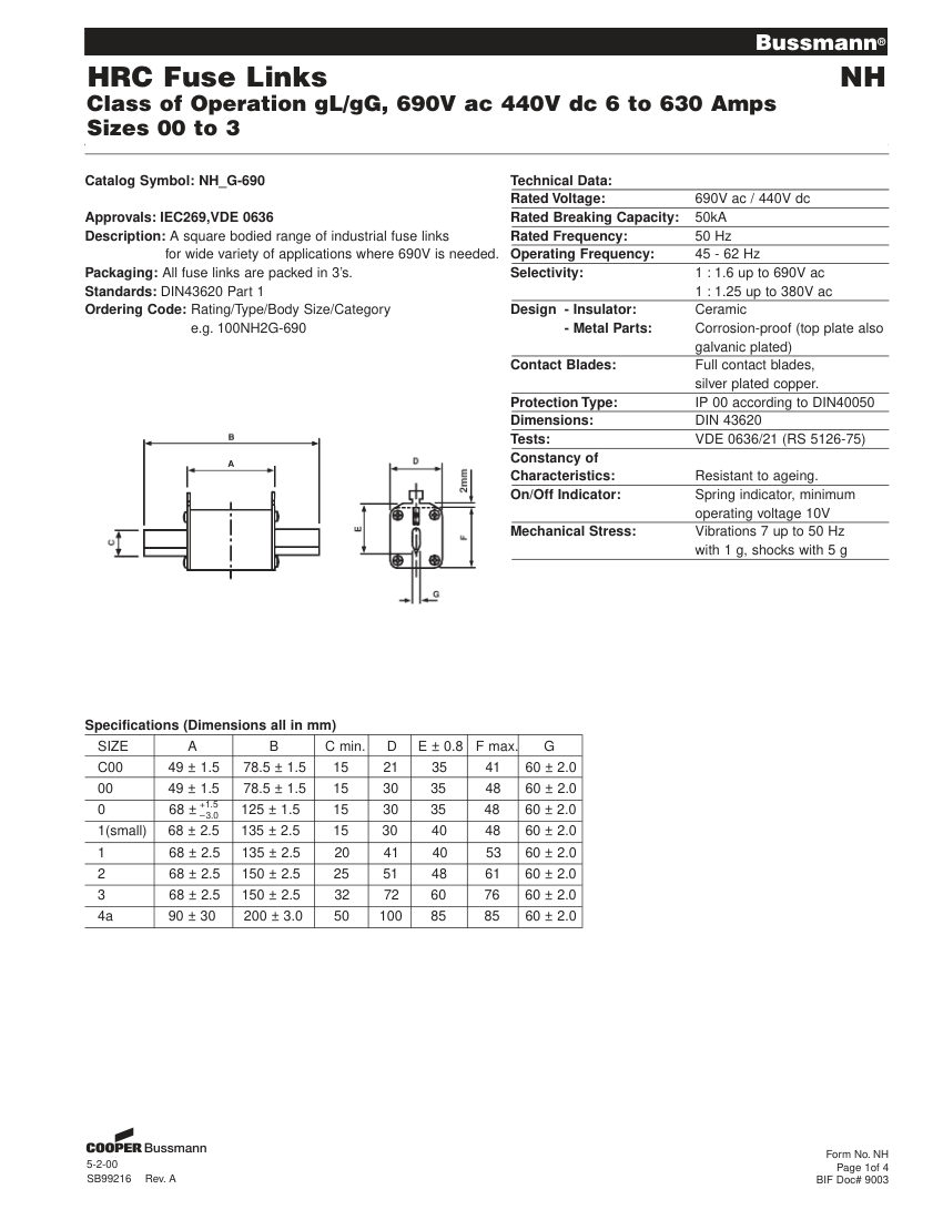 Bussmann 6NH00G-690 cut sheet — first page