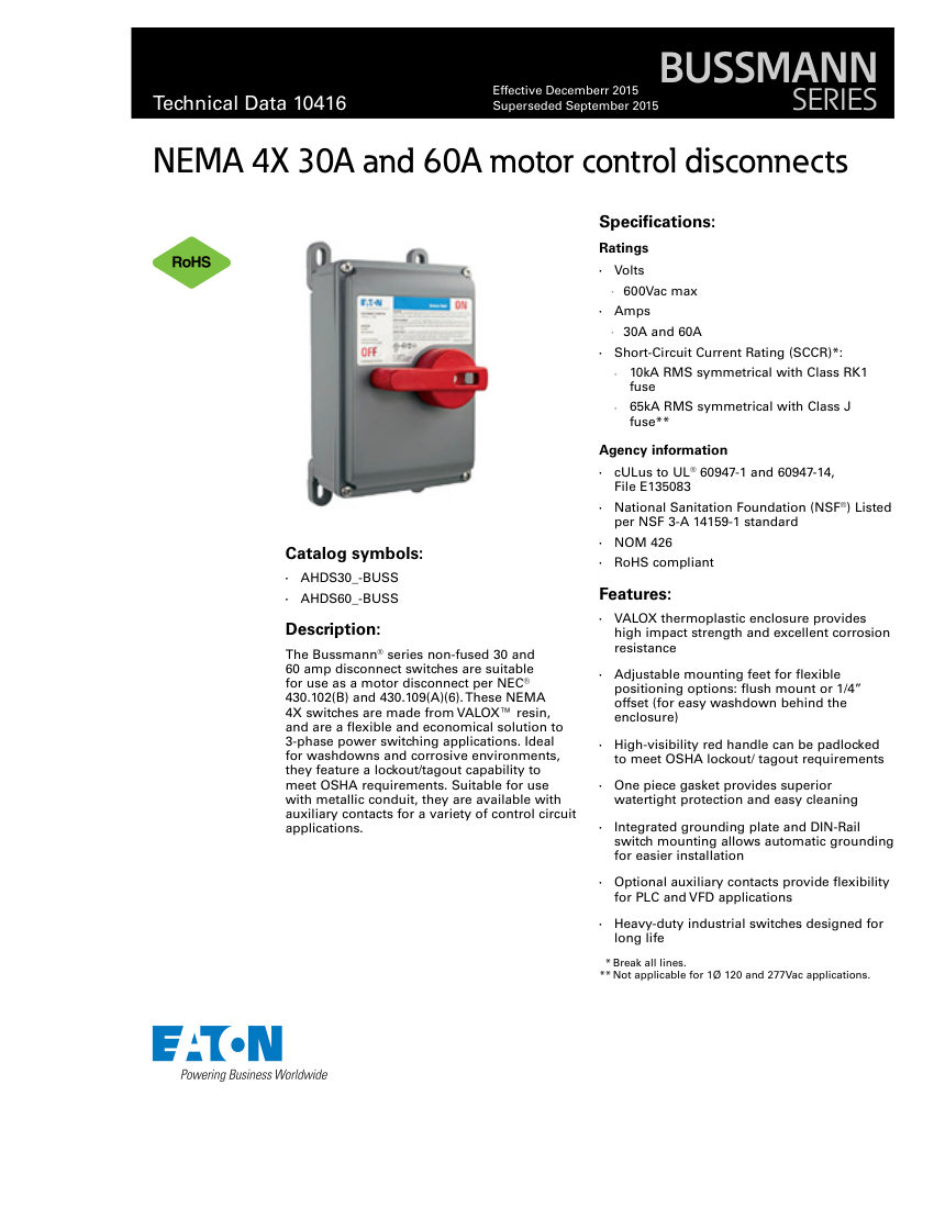 Bussmann AHDS30-BUSS cut sheet — first page