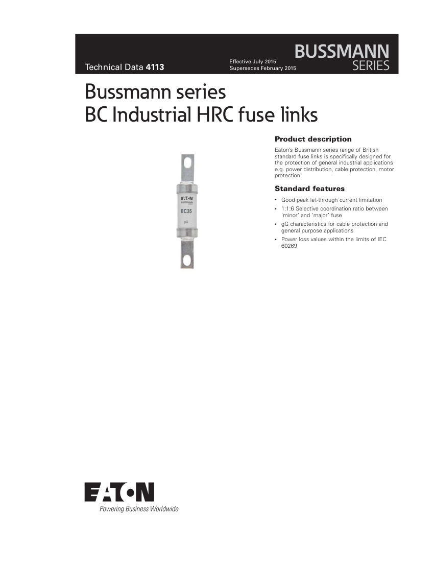 Bussmann BC40 cut sheet — first page