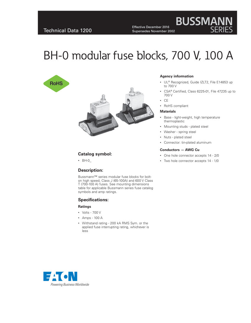 Bussmann BH-0 cut sheet — first page