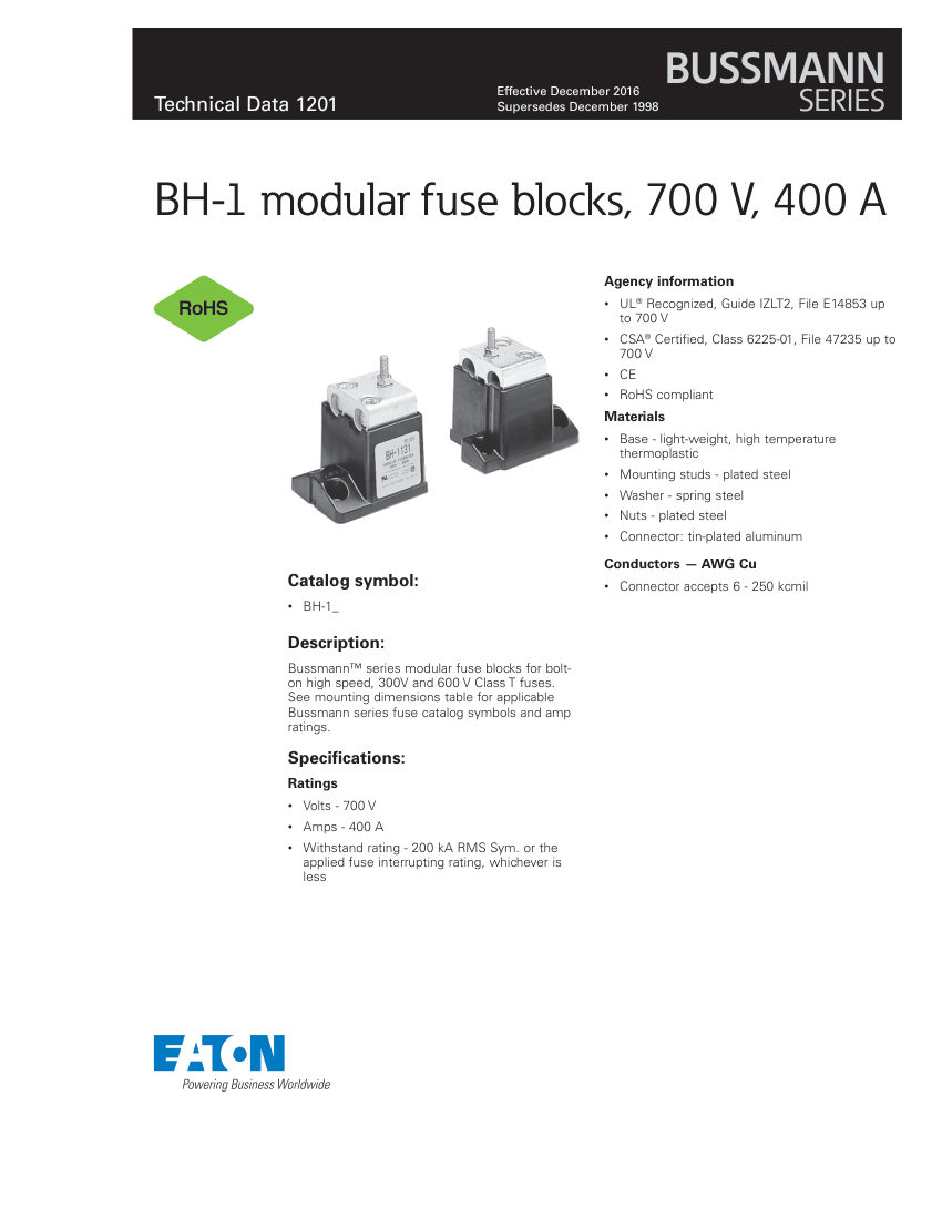Bussmann BH-1 cut sheet — first page