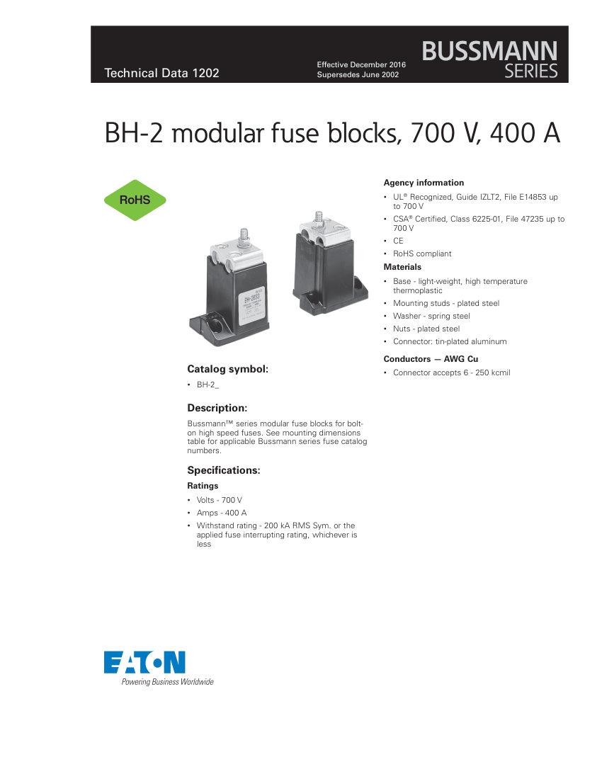 Bussmann BH-2 cut sheet — first page