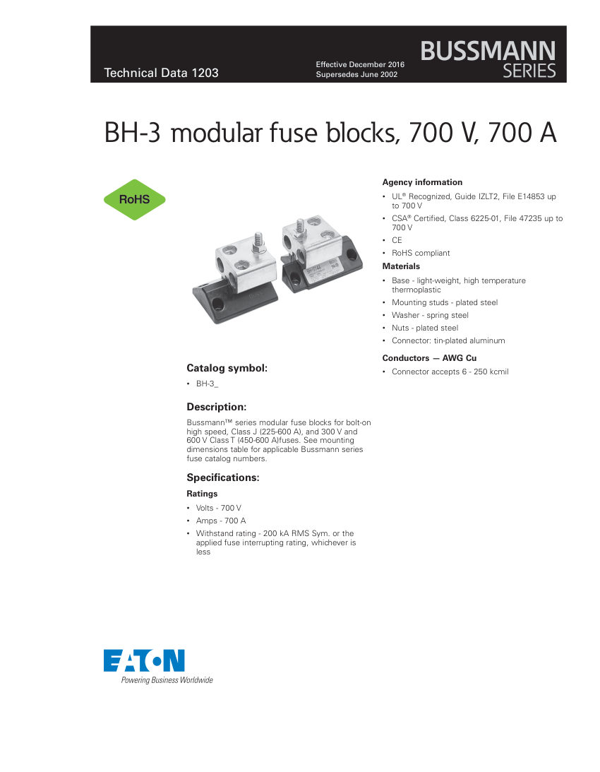 Bussmann BH-3 cut sheet — first page