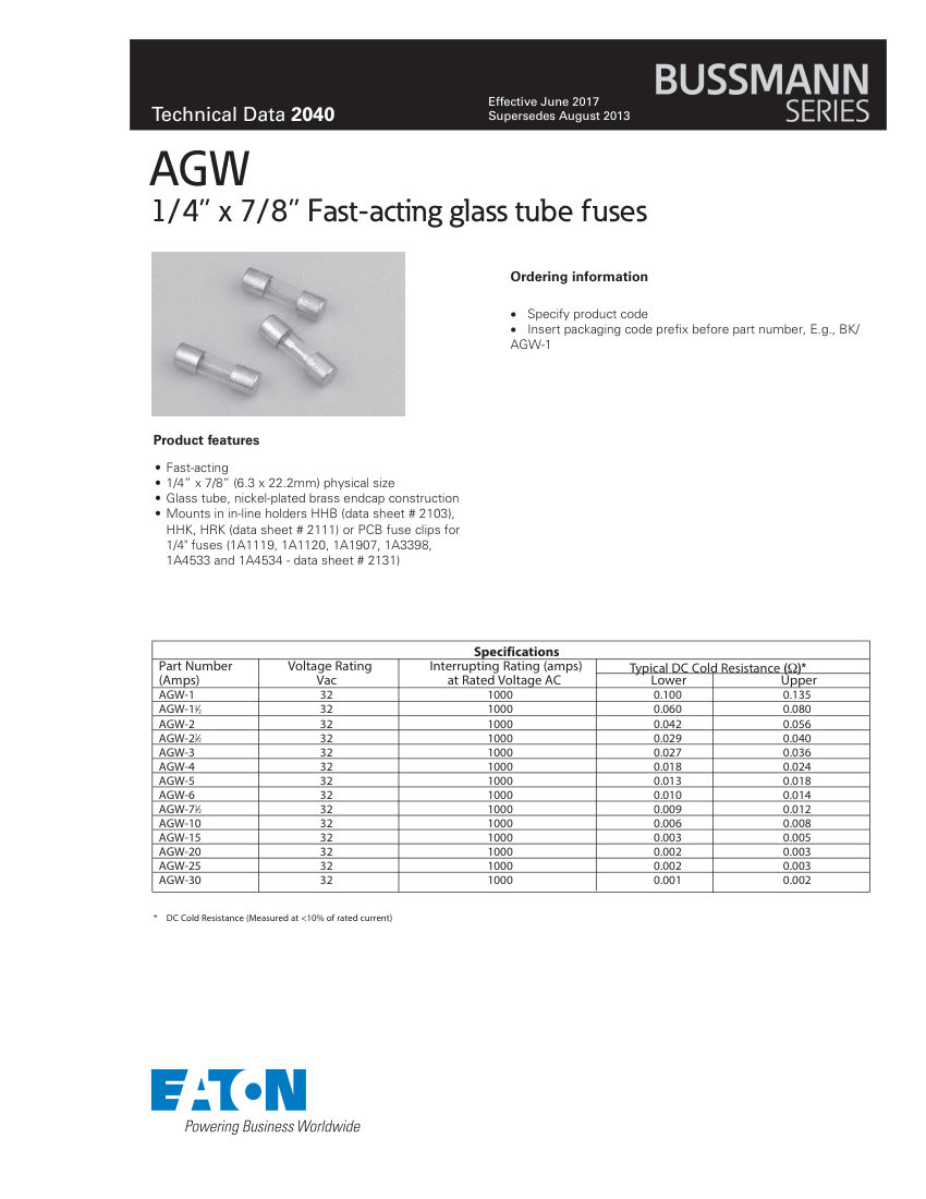 Bussmann BK/AGW-1 cut sheet — first page