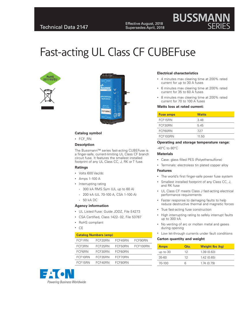 Bussmann FCF1RN cut sheet — first page