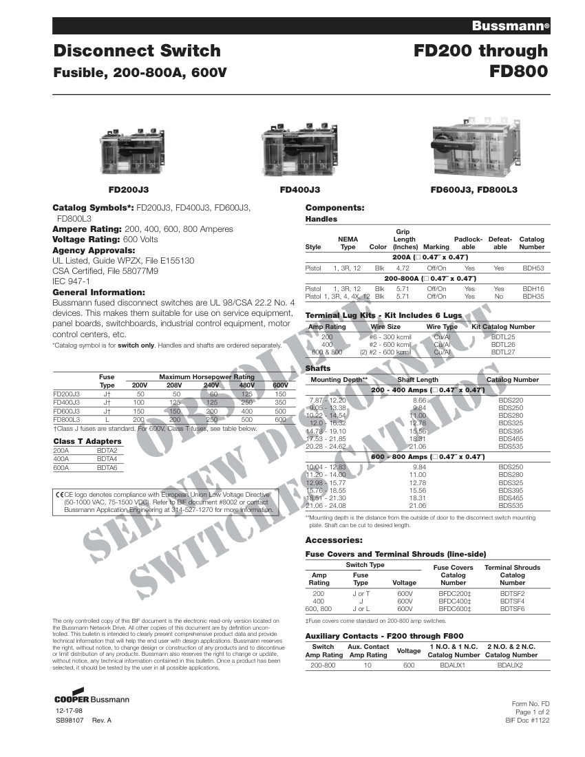 Bussmann FD200J3 cut sheet — first page