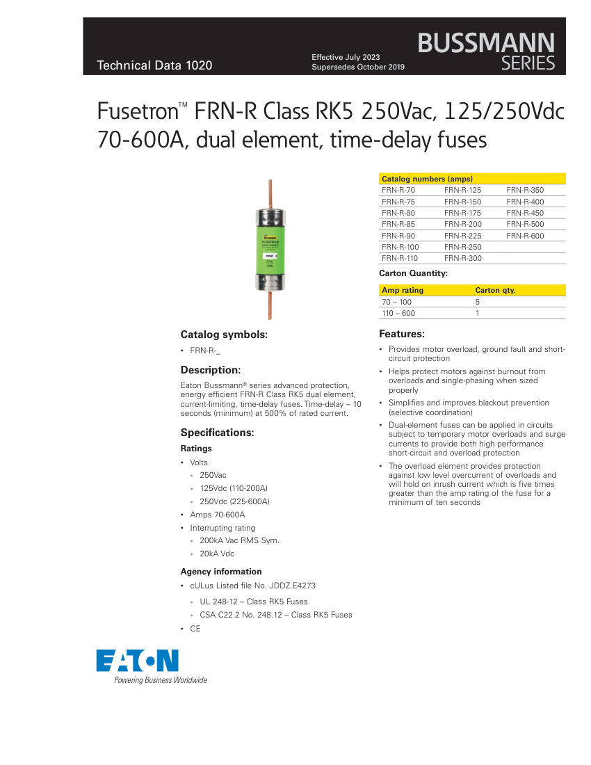 Bussmann FRN-R-70 cut sheet — first page