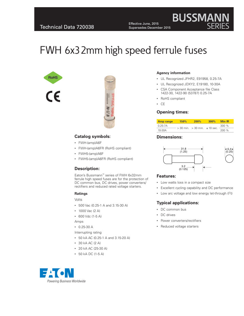 Bussmann FWH-.250A6F cut sheet — first page