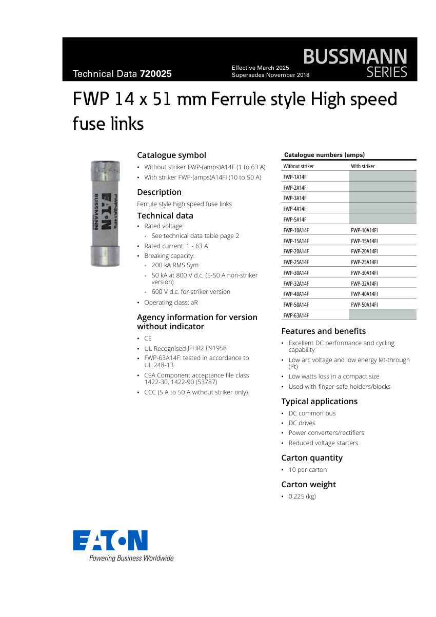 Bussmann FWP-1A14F cut sheet — first page