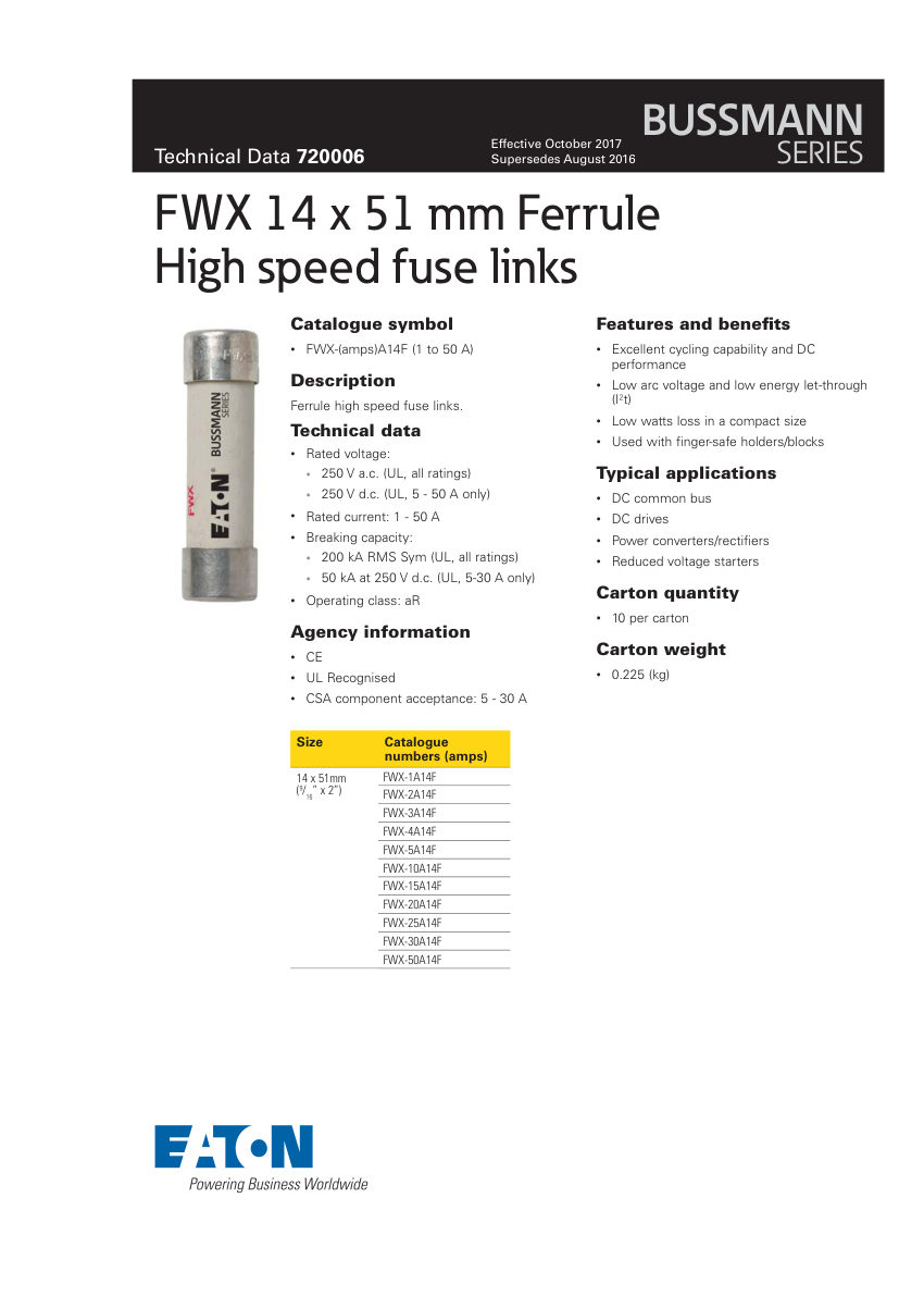 Bussmann FWX-1A14F cut sheet — first page