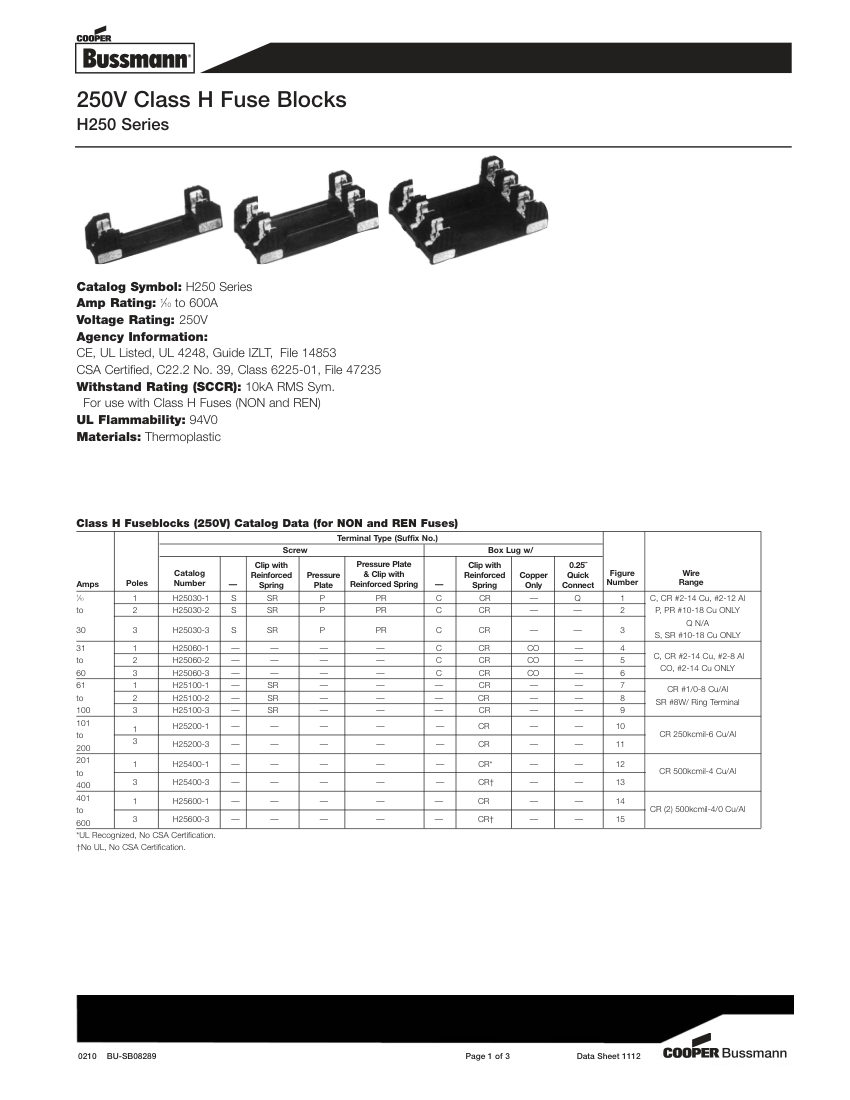 Bussmann H250 cut sheet — first page