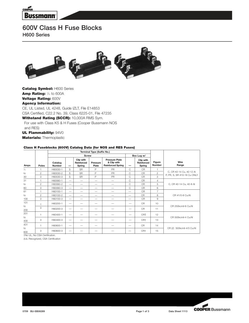 Bussmann H600 cut sheet — first page