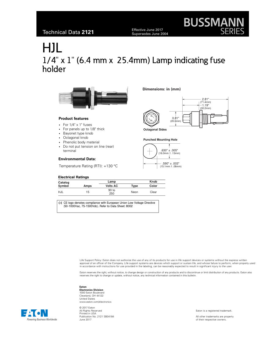 Bussmann HJL cut sheet — first page