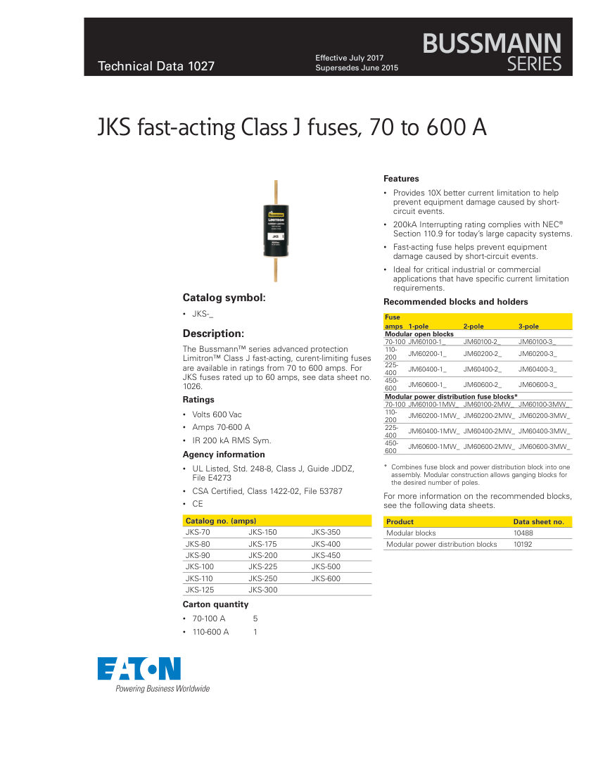 Bussmann JKS-70 cut sheet — first page