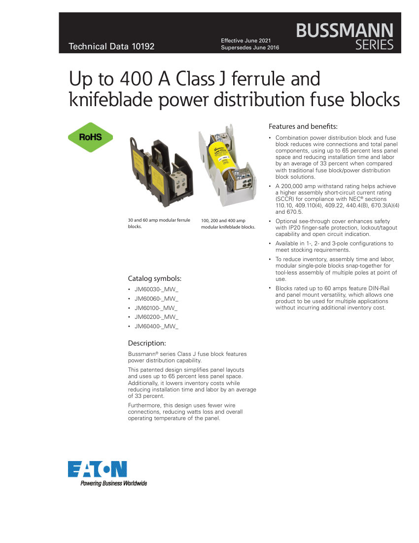 Bussmann JM60 cut sheet — first page