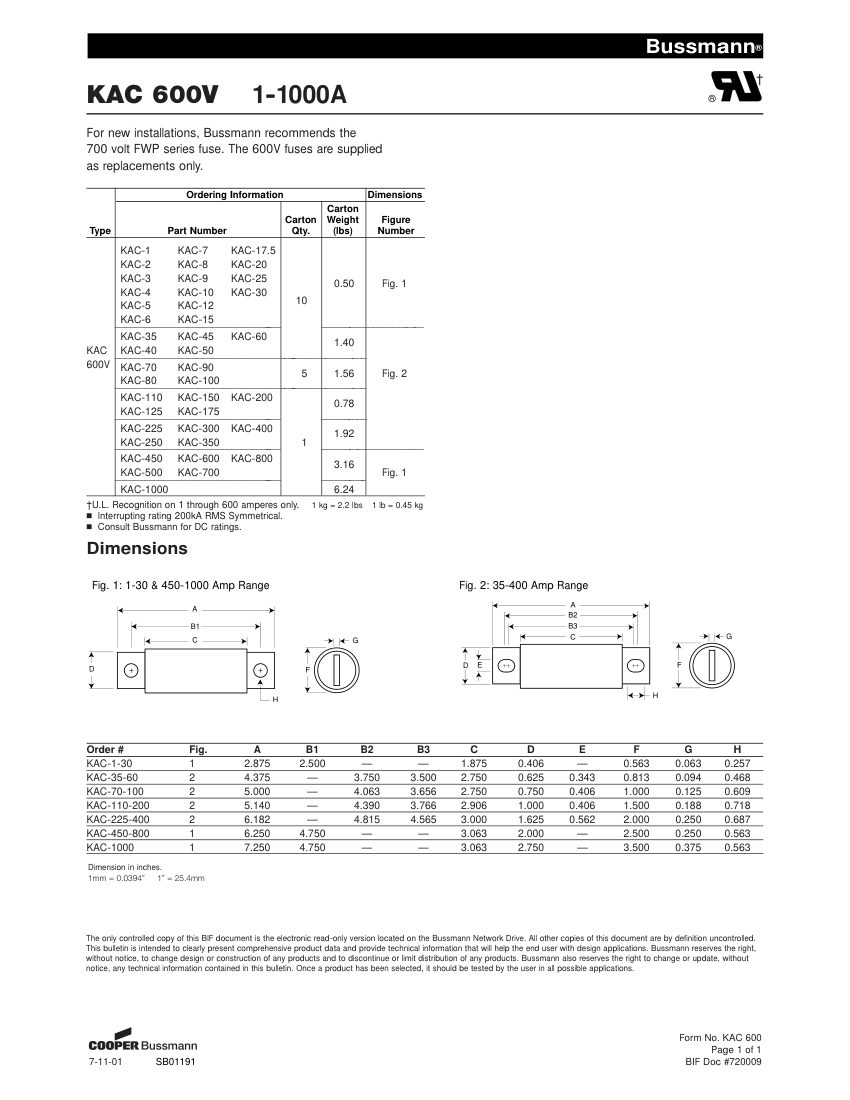 Bussmann KAC-1 cut sheet — first page